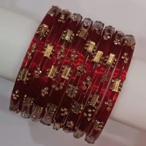 Glass Bangles with Zircon Gemstone & Bead Detailing-Glossy Finish Chudi Set for Women & Girls
