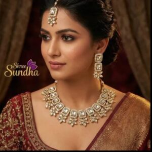 Gold Plated Pearl Beaded Adjustable Choker Necklace with Earring Maang Tikka Jewellery Set for Women and Girl